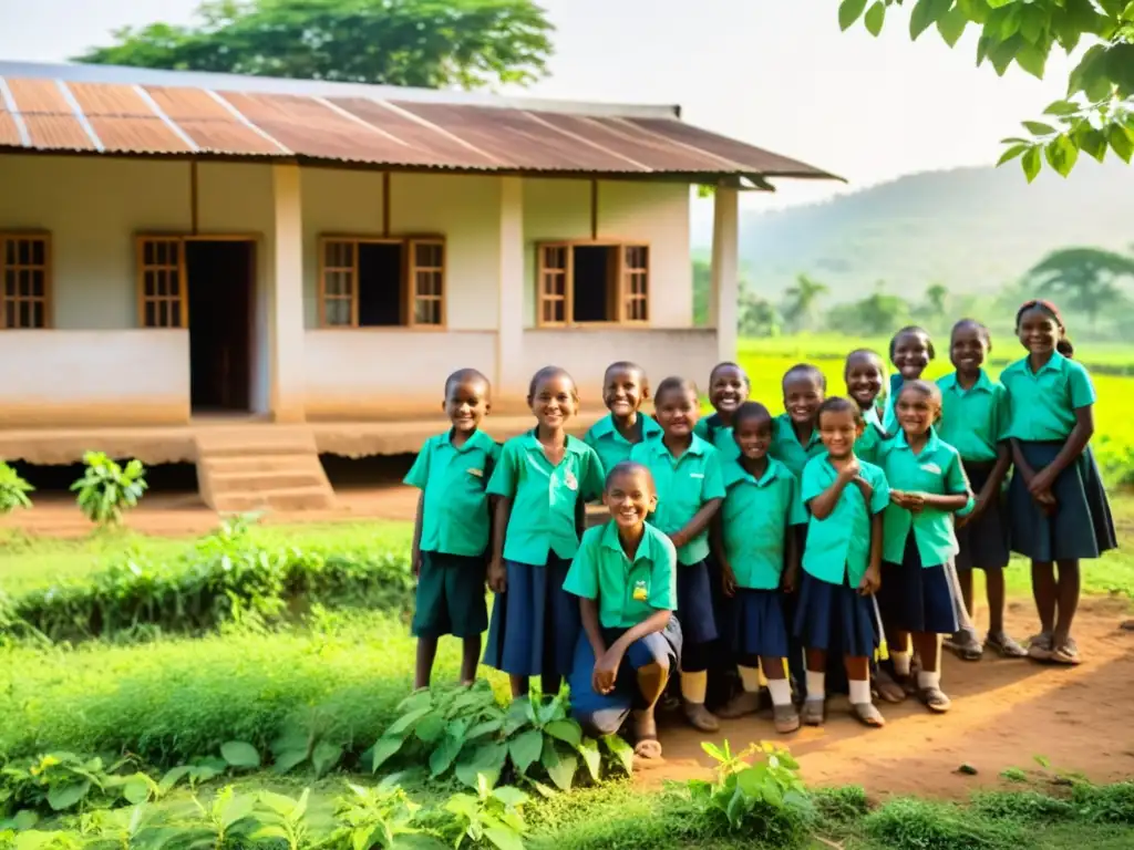 Un grupo de niños sonrientes participa en un programa educativo en un pueblo rural, rodeados de exuberante vegetación