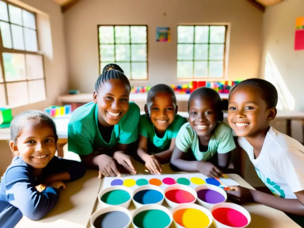 Un grupo de niños sonrientes trabajando en un proyecto de arte con la ayuda de un voluntario en una comunidad local