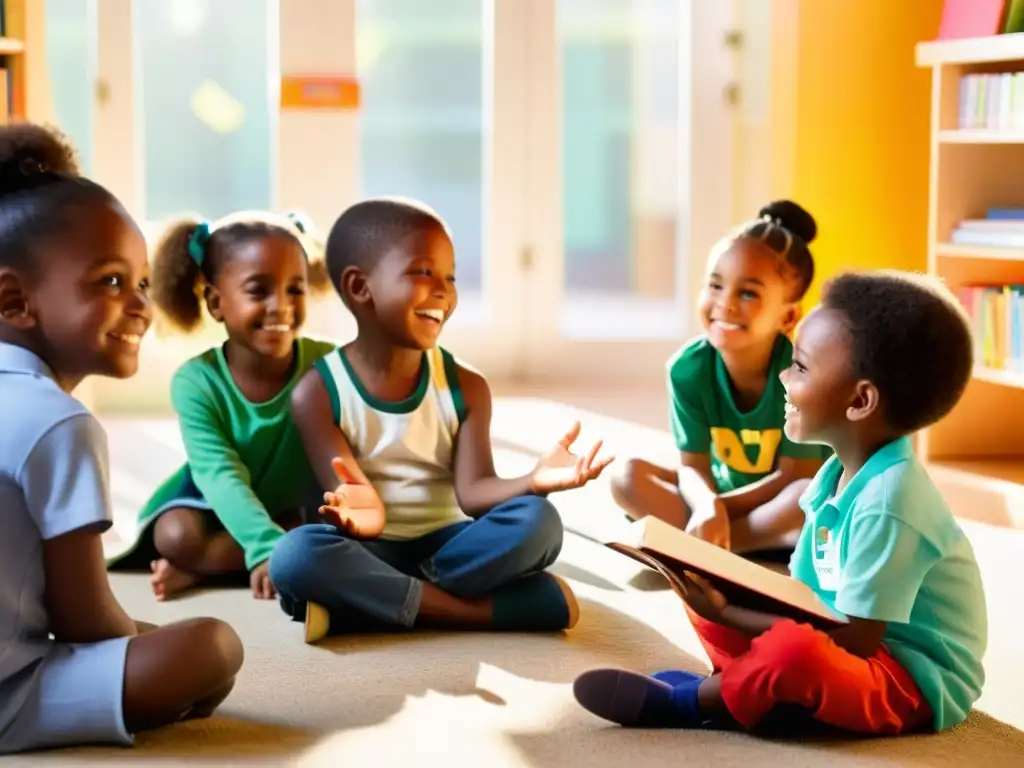 Un grupo de niños sonrientes rodeados de materiales educativos coloridos, levantando la mano para participar en una clase