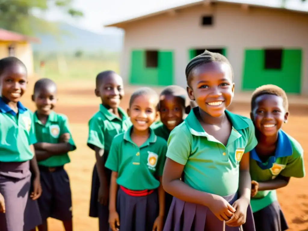 Un grupo de niños sonrientes y voluntarios en actividades educativas y recreativas en una comunidad en desarrollo, con un edificio escolar al fondo