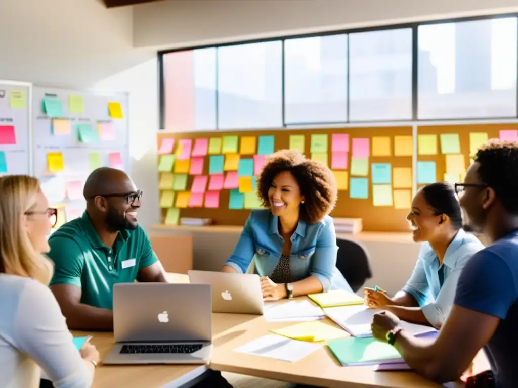 Grupo colaborando en oficina de ONG, planeando estrategias de crecimiento entre pizarras y notas coloridas, con luz cálida y determinación colectiva