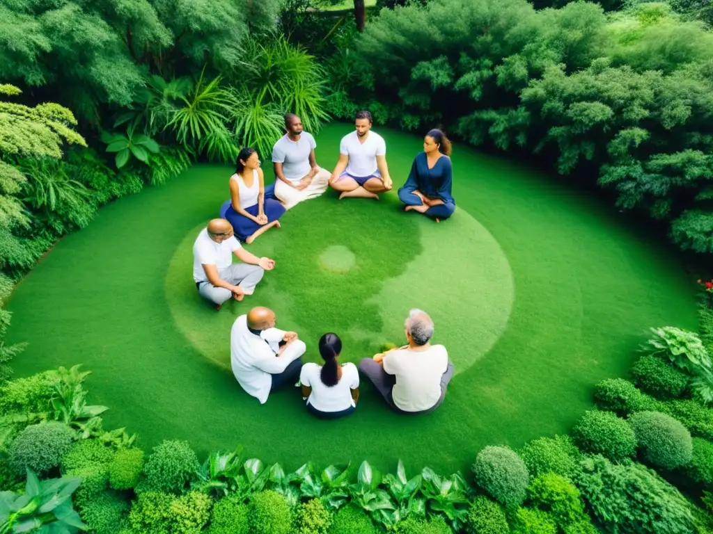 Un grupo practica mindfulness en gestión de ONGs en un entorno natural sereno, irradiando tranquilidad y concentración