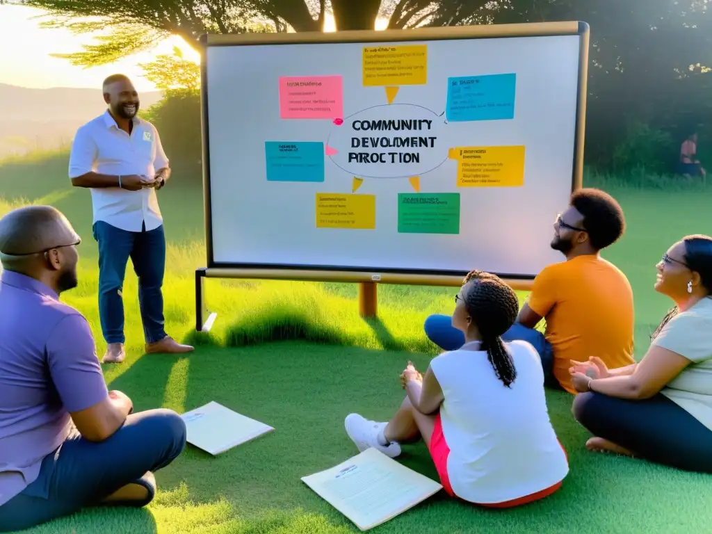 Grupo participativo discutiendo proyecto de desarrollo comunitario al atardecer en el césped