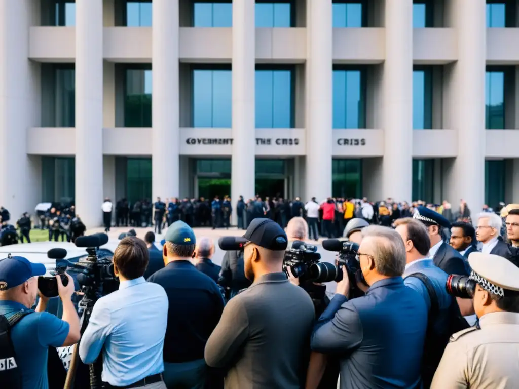 Un grupo de periodistas y fotógrafos frente a un edificio gubernamental en medio de una crisis