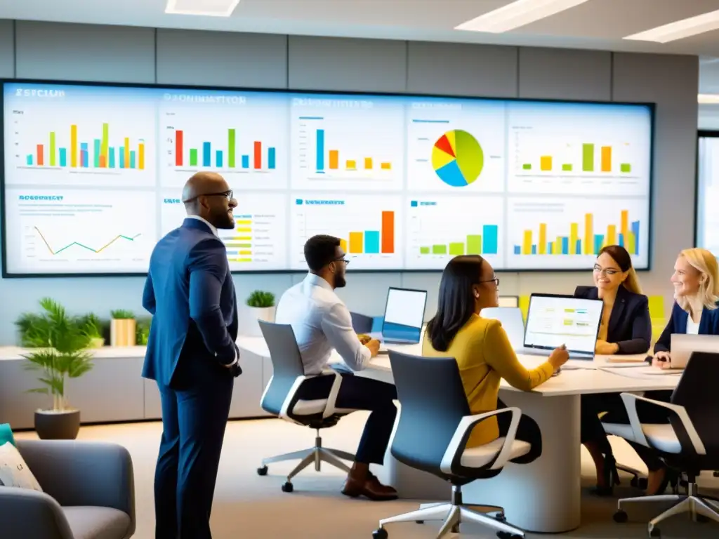 Un grupo de personas comprometidas trabaja en una oficina iluminada, rodeados de gráficos y reportes