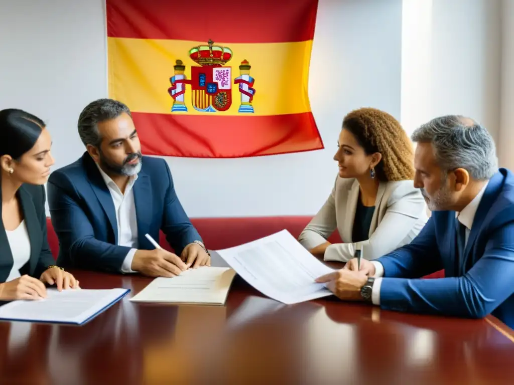 Grupo de personas discutiendo documentos legales con determinación bajo la bandera de España