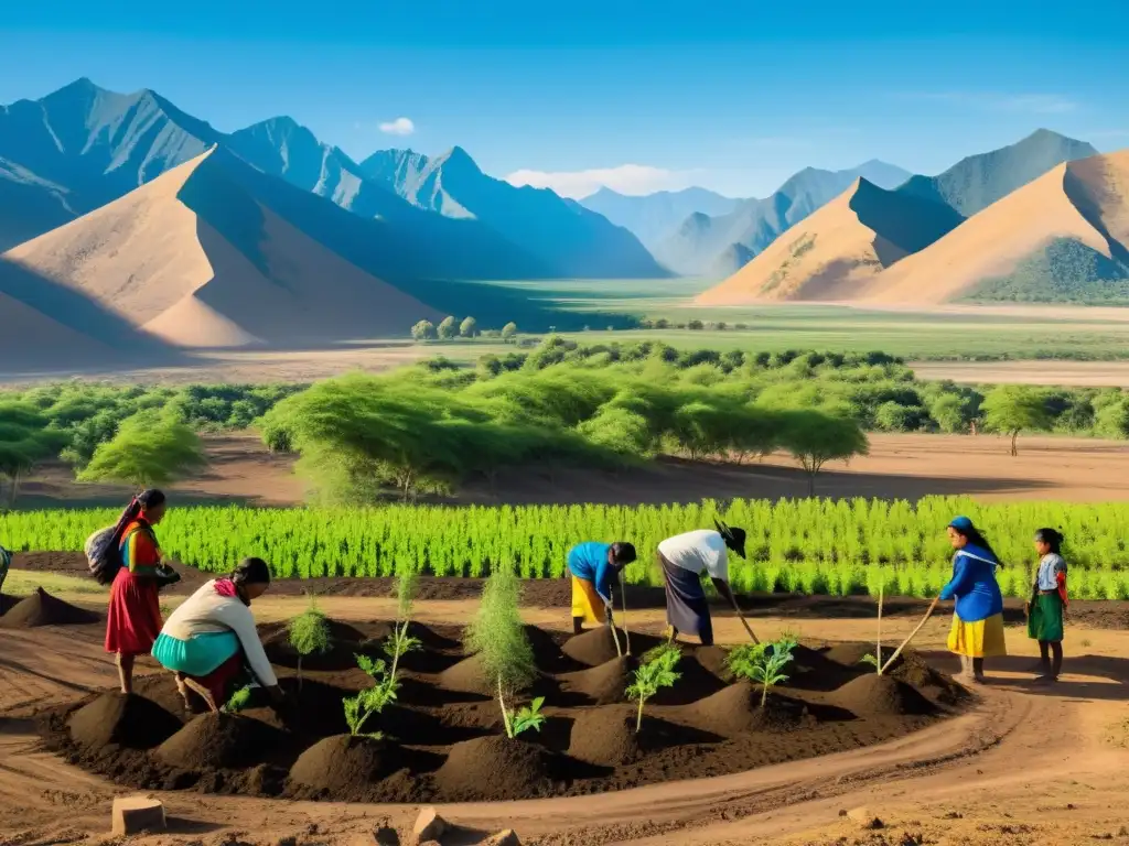 Grupo de personas e indígenas plantando árboles en un área deforestada, luchando por la restauración ambiental