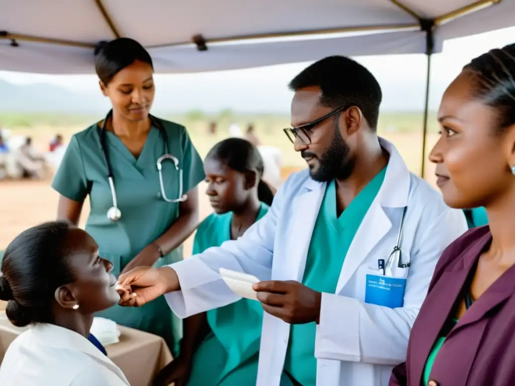 Un grupo de profesionales de la salud dedicados brindan atención médica en una clínica improvisada en una comunidad remota