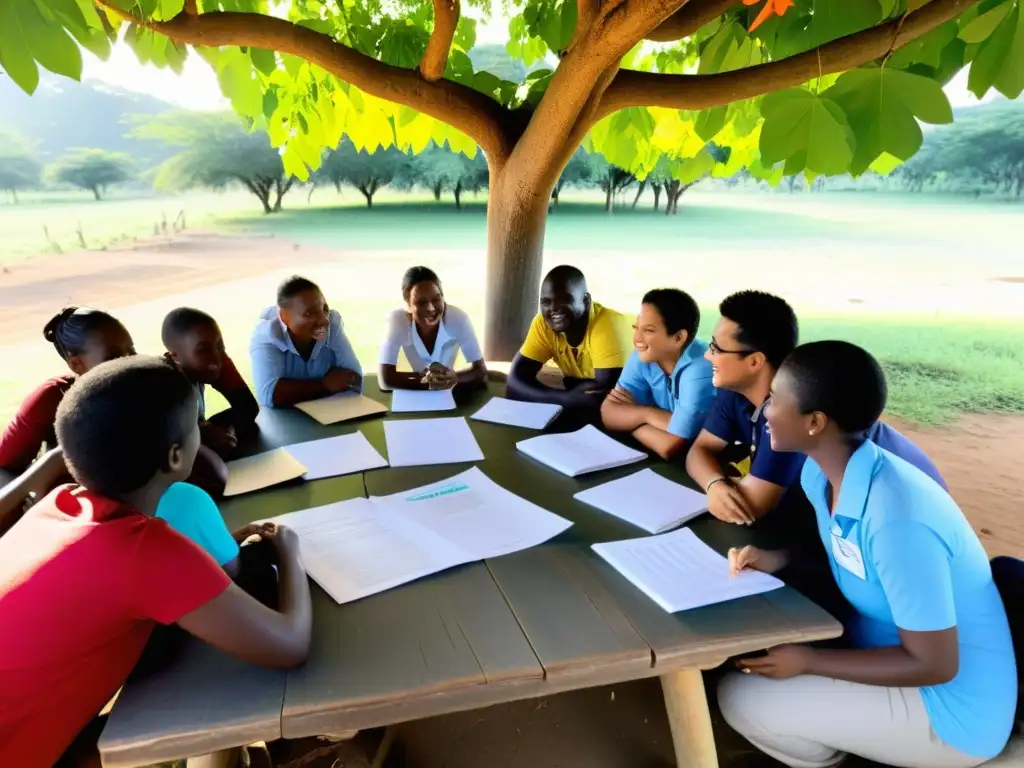 Grupo colaborando en proyecto de desarrollo sostenible en comunidad rural