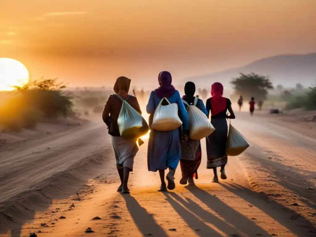 Grupo de refugiados caminando al atardecer con sus pertenencias