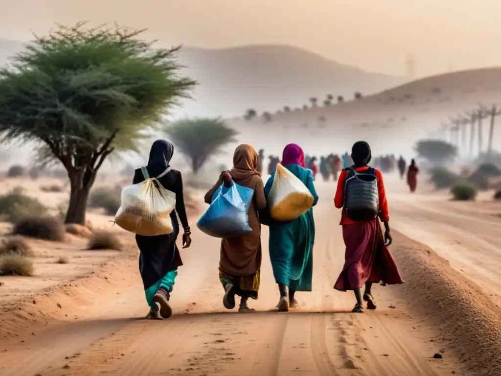 Un grupo de refugiados, mujeres y niños caminan en una carretera polvorienta, cargando sus pertenencias