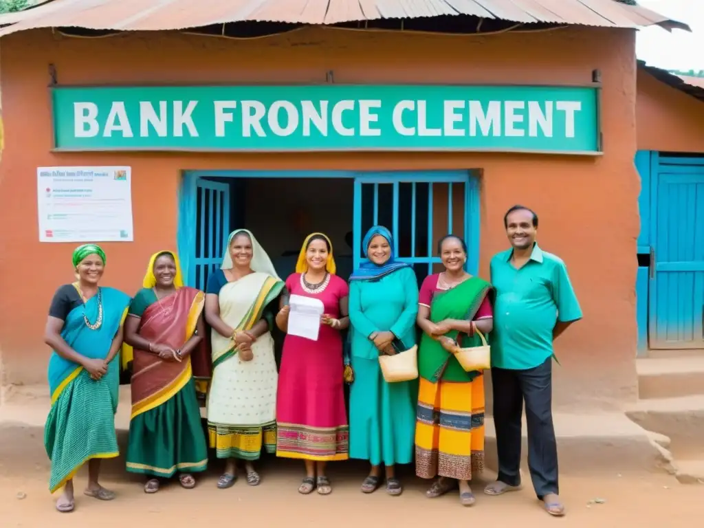 Un grupo sonriente de clientes de microfinanzas, hombres y mujeres de diferentes edades, visten ropa tradicional vibrante