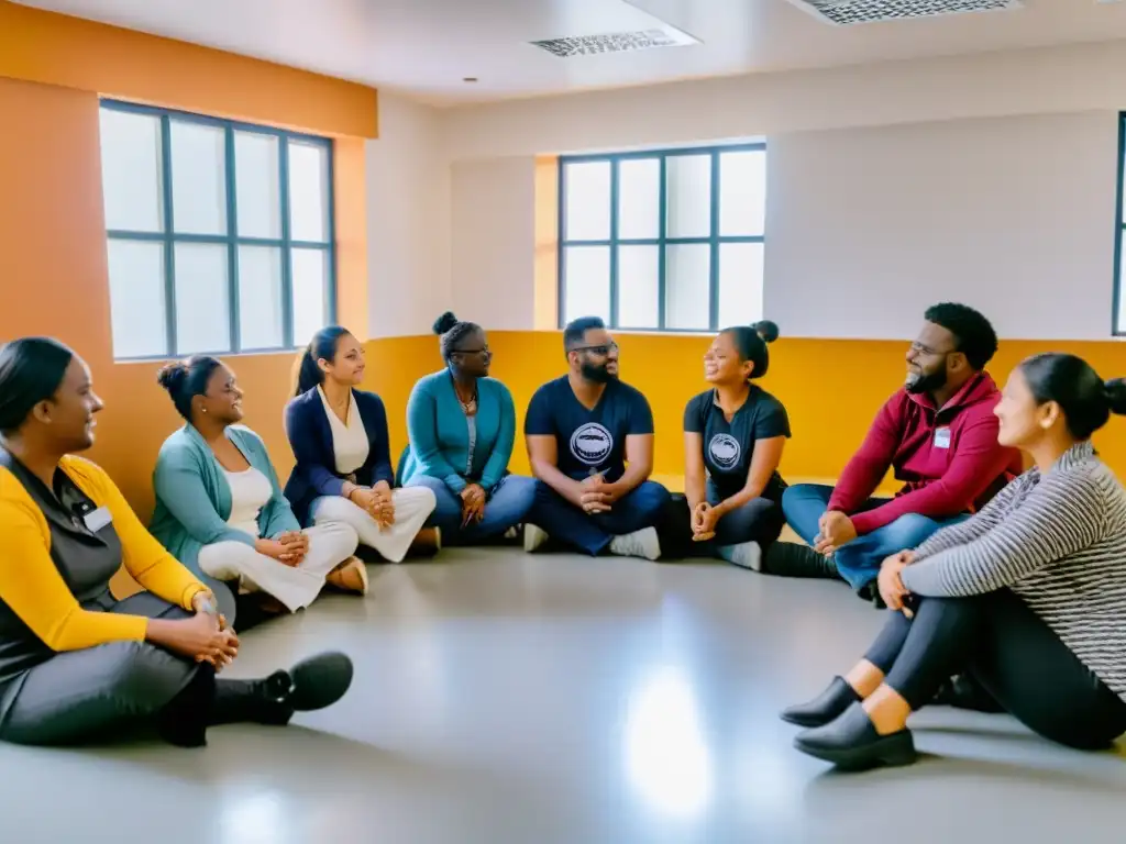 Grupo en taller de salud mental en ONGs, expresando solidaridad y apoyo, con luz natural