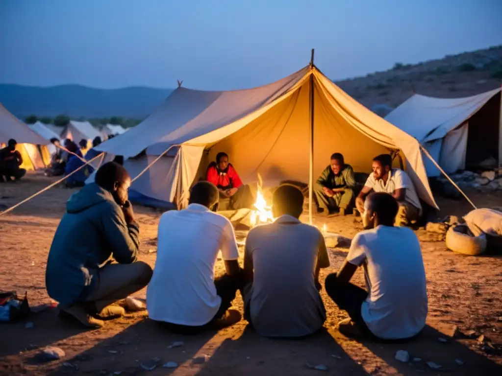 Un grupo de trabajadores de ayuda humanitaria se reúnen en círculo, con velas iluminando su momento de reflexión y solidaridad