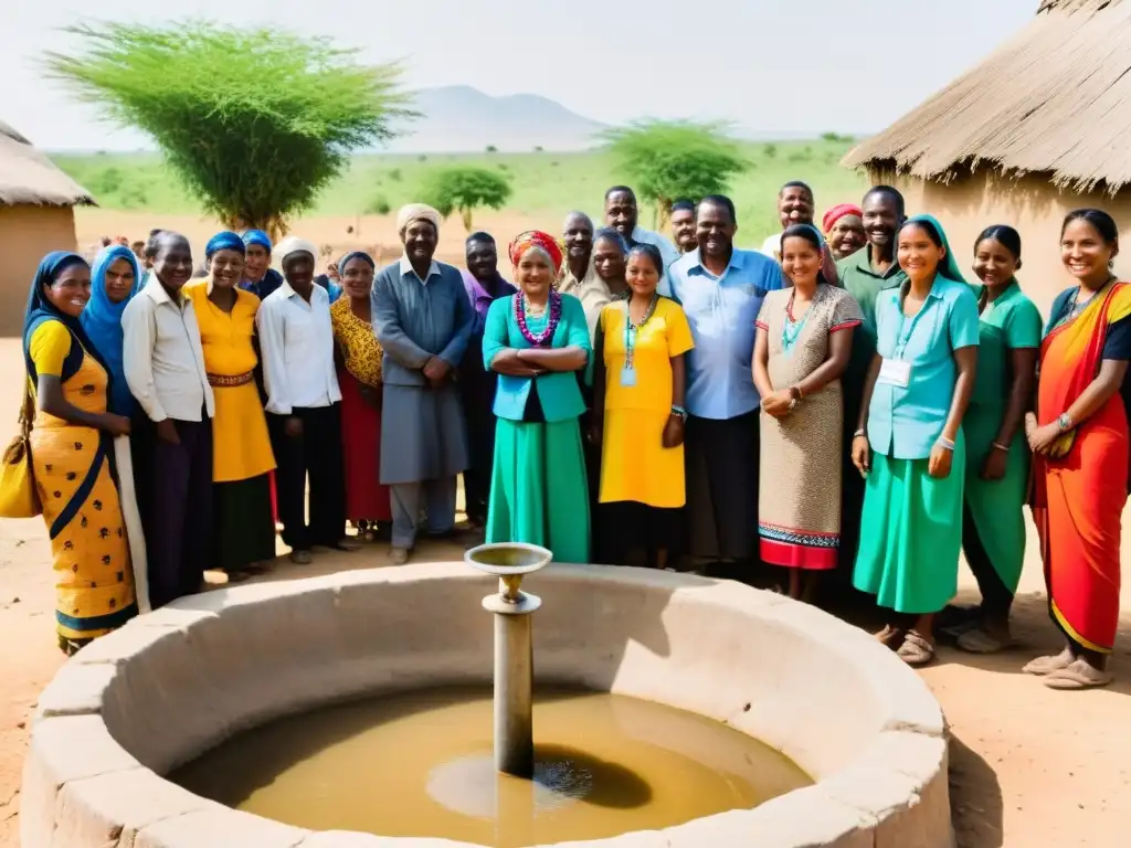 Un grupo de trabajadores de ayuda internacional y miembros de la comunidad local se reúnen alrededor de un pozo en una aldea rural, discutiendo el impacto de la fuente de agua limpia en la comunidad