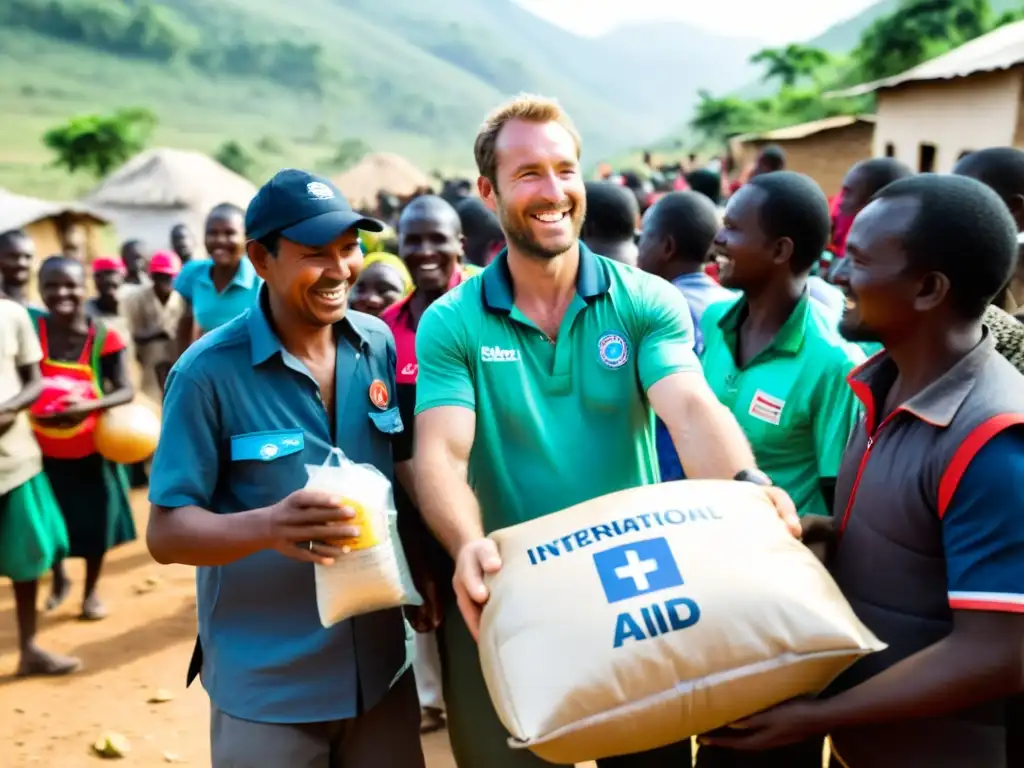 Un grupo de trabajadores de ayuda internacional distribuye suministros médicos y alimentos en un pueblo remoto, rodeados de agradecidos residentes