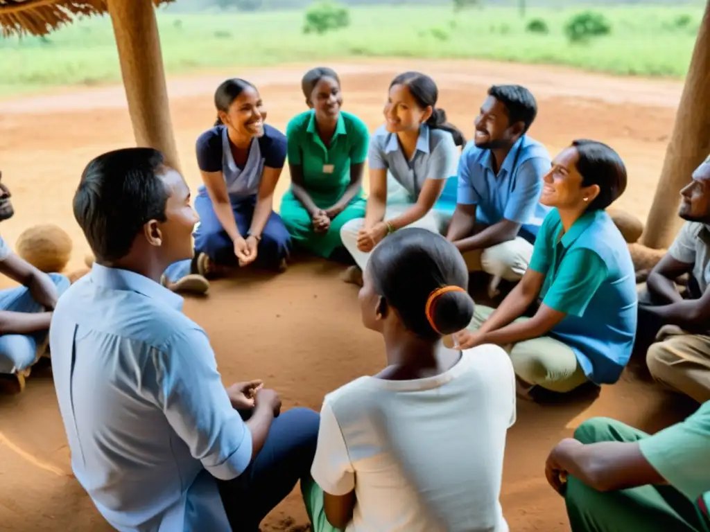 Grupo de trabajadores de ONG en capacitación en resiliencia, en comunidad rural