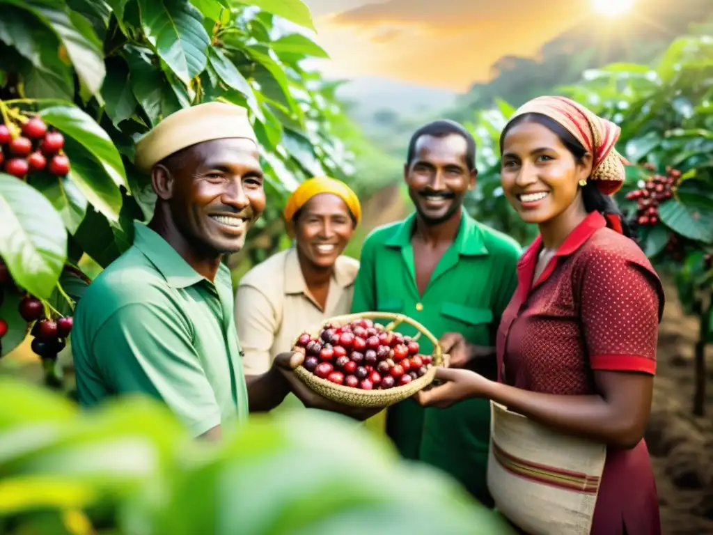 Un grupo de trabajadores de una cooperativa de Comercio Justo recoge cuidadosamente cerezas de café maduro en un campo soleado y exuberante