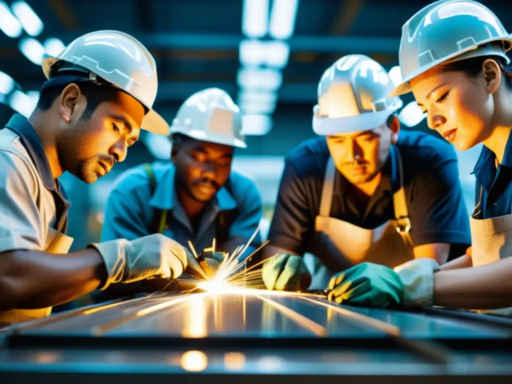 Un grupo de trabajadores en una fábrica muestra concentración y determinación mientras ensamblan productos