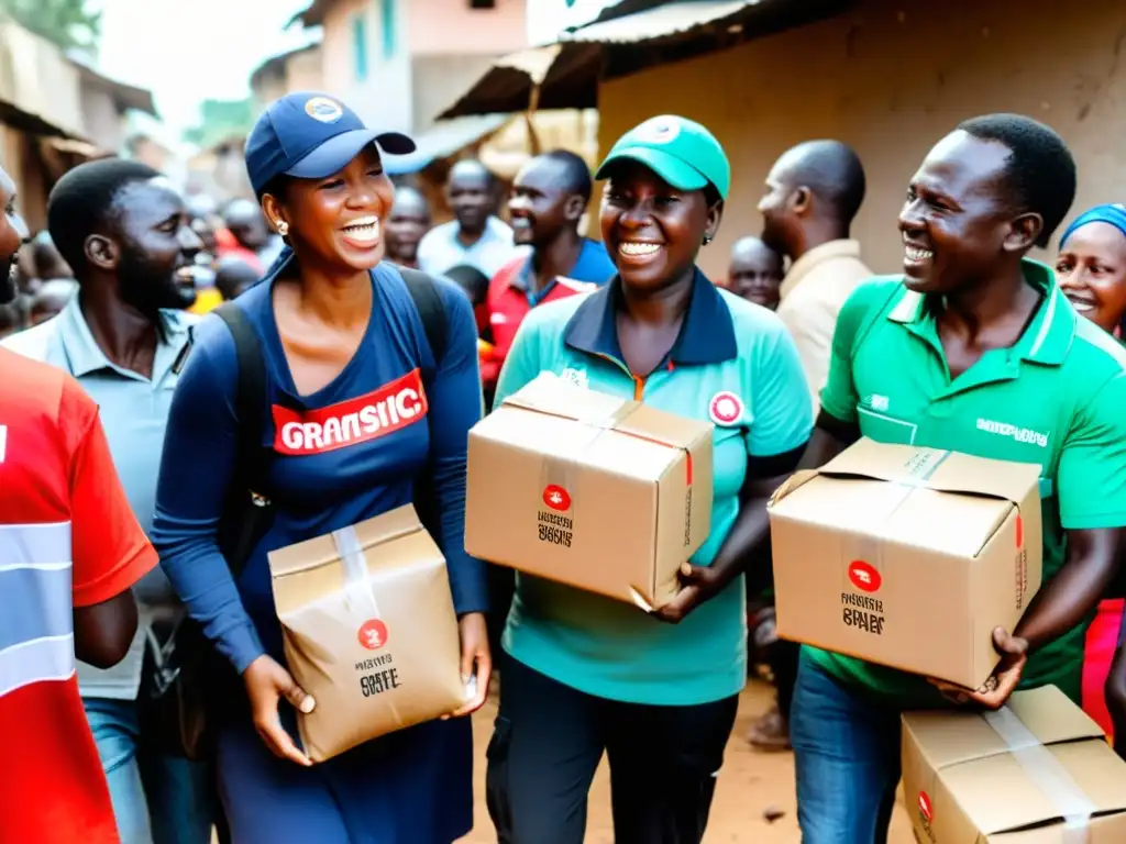 Grupo de trabajadores humanitarios distribuyen alimentos y suministros a una multitud en crisis