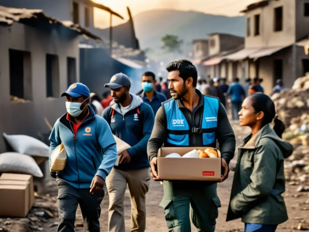 Equipo de ayuda distribuyendo suministros en zona de desastre Grupo de trabajadores humanitarios distribuyendo alimentos y suministros en una zona de desastre, mostrando comunicación efectiva en crisis ONG