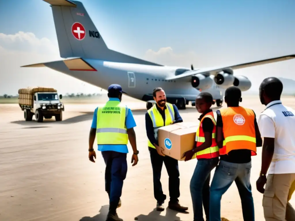 Un grupo de trabajadores humanitarios descargando ayuda de un avión en una pista remota en una región en conflicto