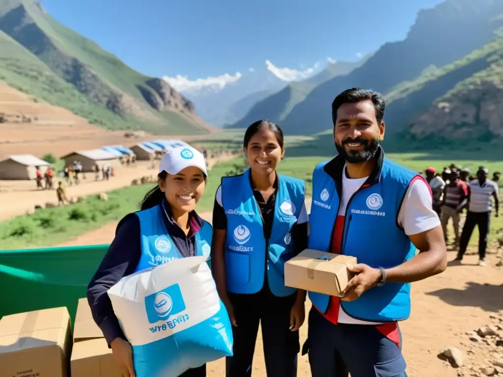 Grupo de trabajadores humanitarios distribuyendo ayuda en un pueblo remoto, rodeados de una comunidad agradecida, con montañas y cielo azul de fondo