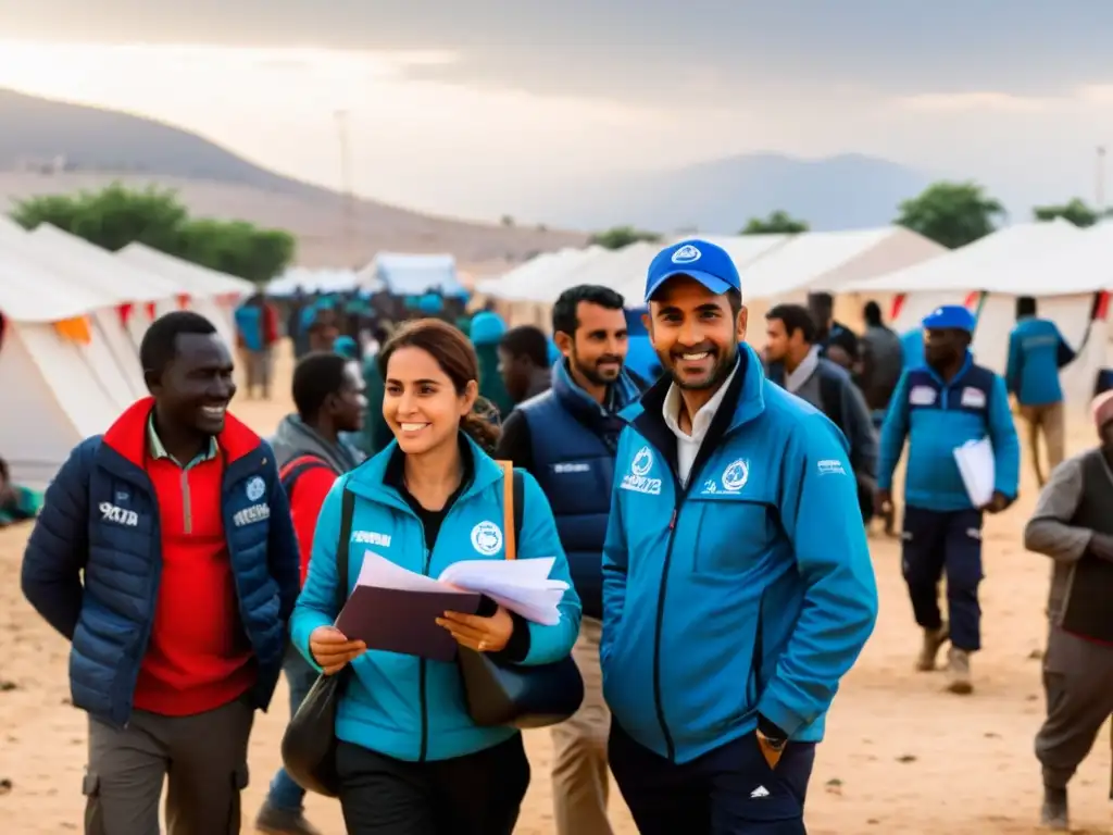 Grupo de trabajadores humanitarios de diversas ONGs colaboran en un campamento de refugiados, mostrando determinación y compasión