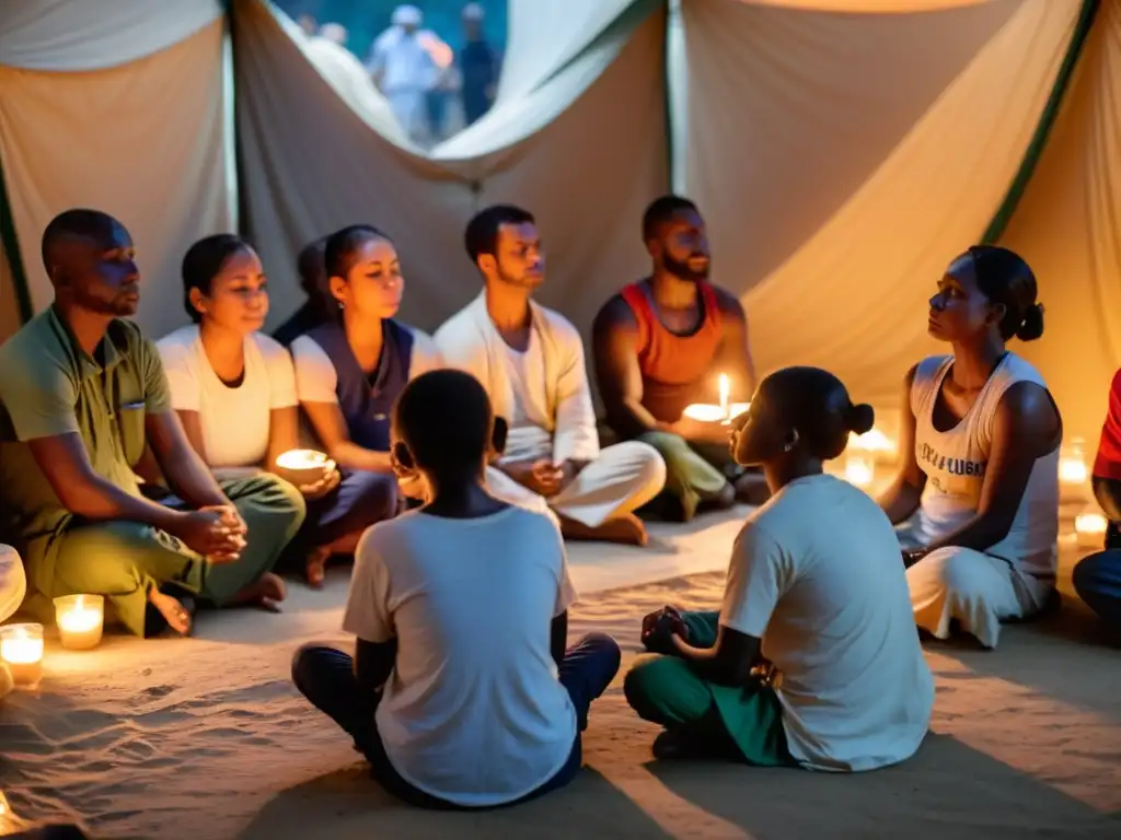 Grupo de trabajadores humanitarios meditando en refugio improvisado