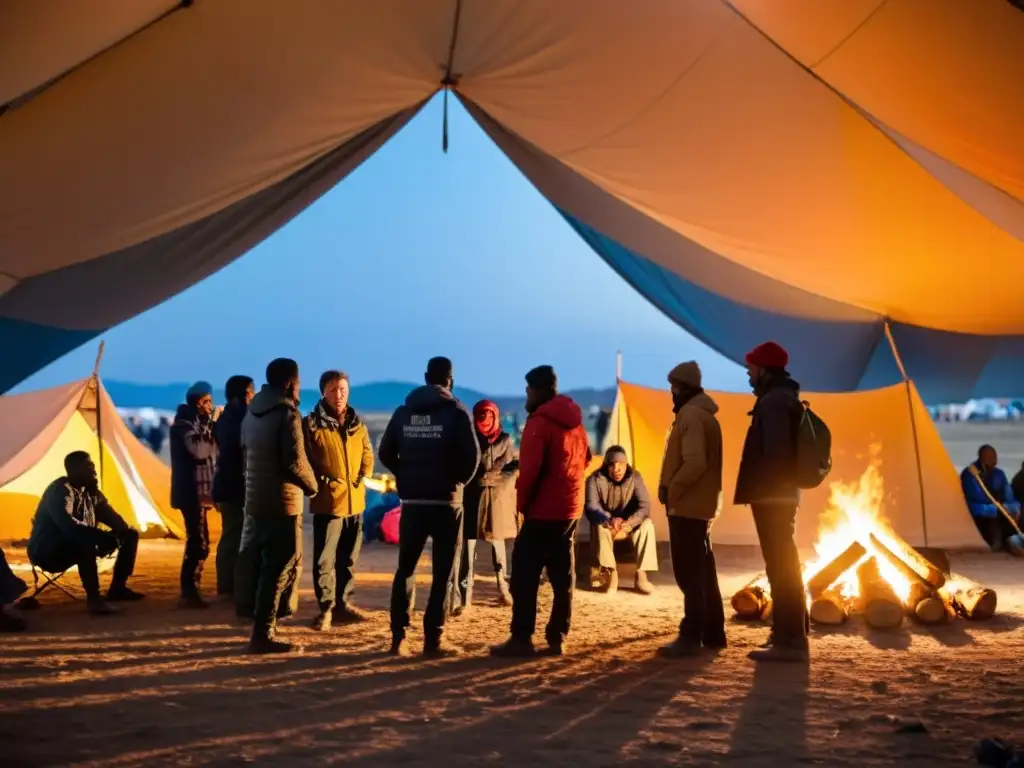 Un grupo de trabajadores humanitarios se reúnen bajo un refugio improvisado, iluminados por el cálido resplandor de una fogata, brindando intervención y apoyo en traumatismo humanitario en un campamento de refugiados