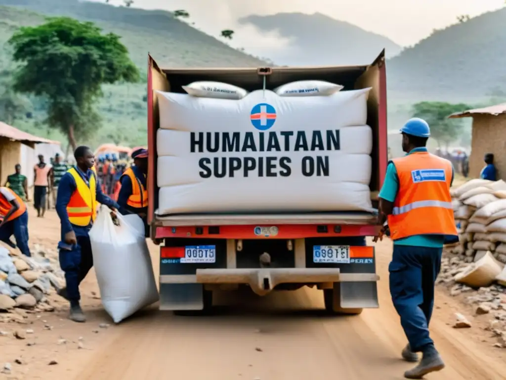 Un grupo de trabajadores humanitarios descargando suministros en una aldea remota y devastada por la guerra