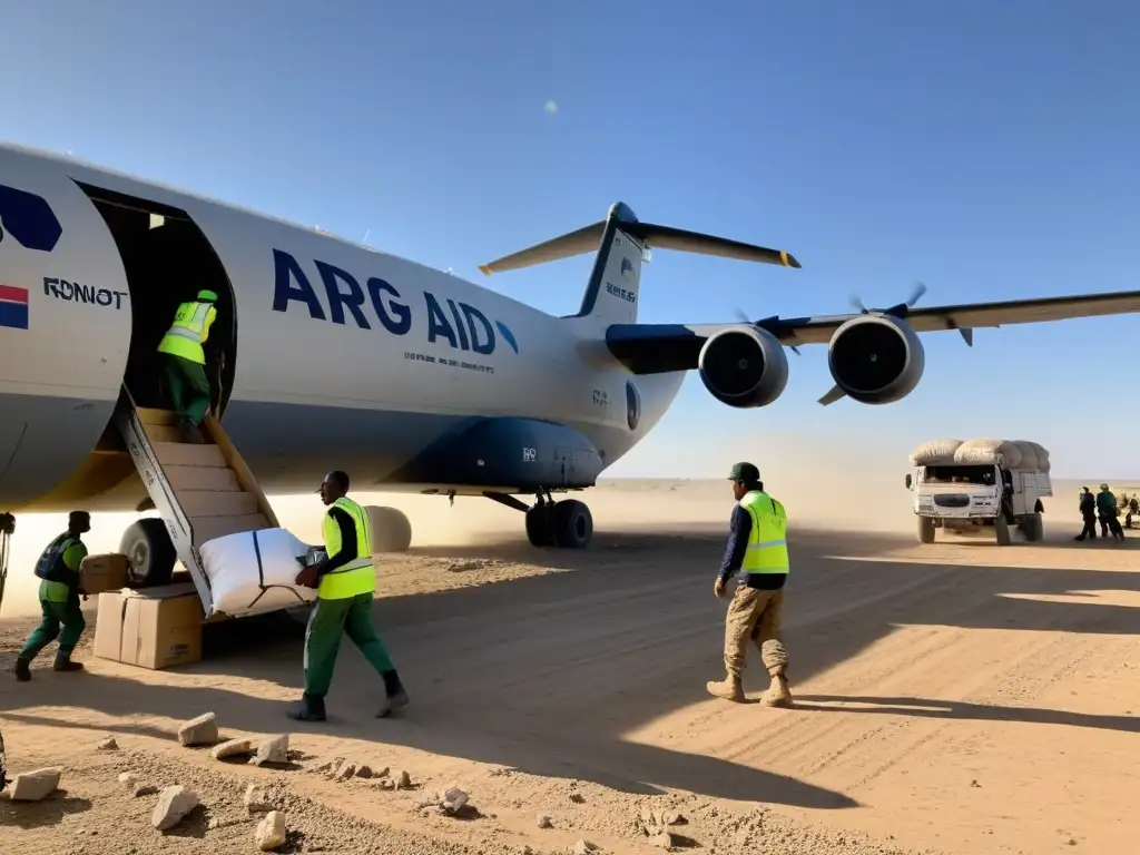 Un grupo de trabajadores humanitarios descargando suministros de un avión de carga en una región remota y devastada por la guerra