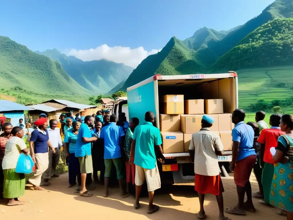 Un grupo de trabajadores humanitarios descarga suministros médicos en un remoto pueblo, rodeados de aldeanos ansiosos