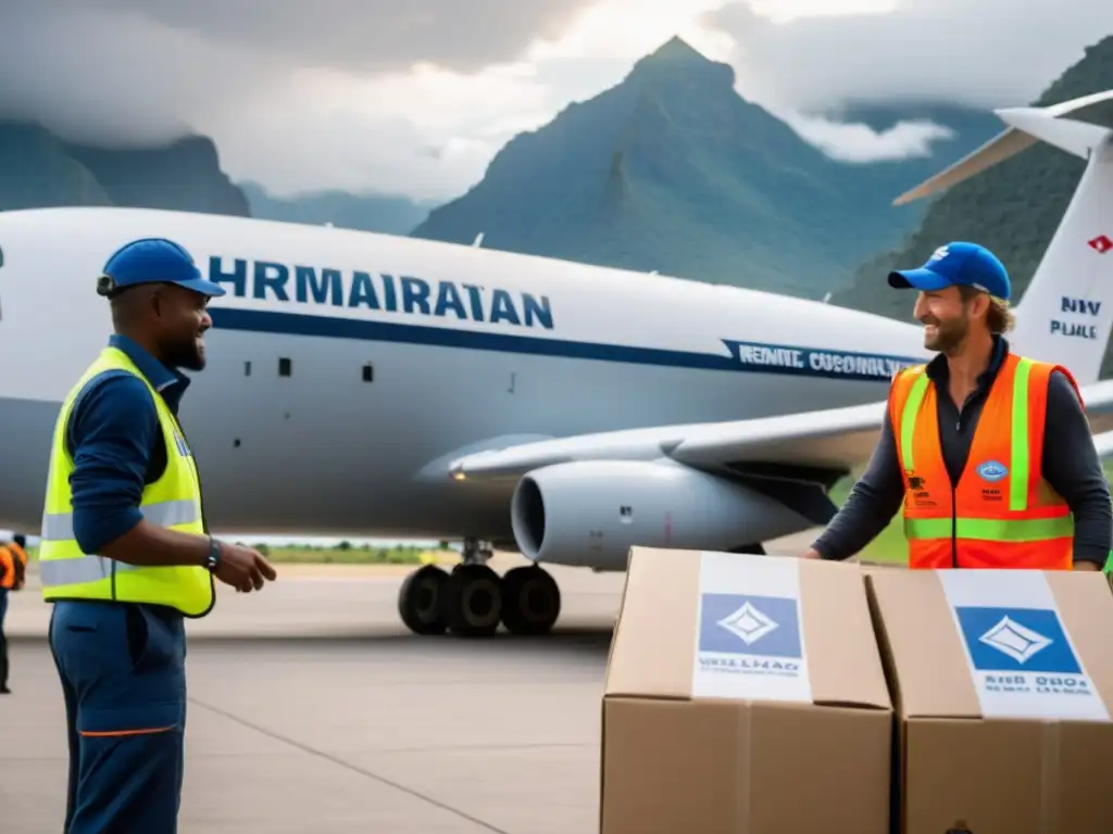 Grupo de trabajadores humanitarios descargando suministros de un avión en zona remota