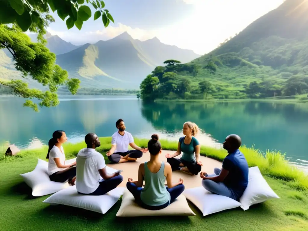 Un grupo de trabajadores de ONGs practican mindfulness al aire libre, rodeados de naturaleza