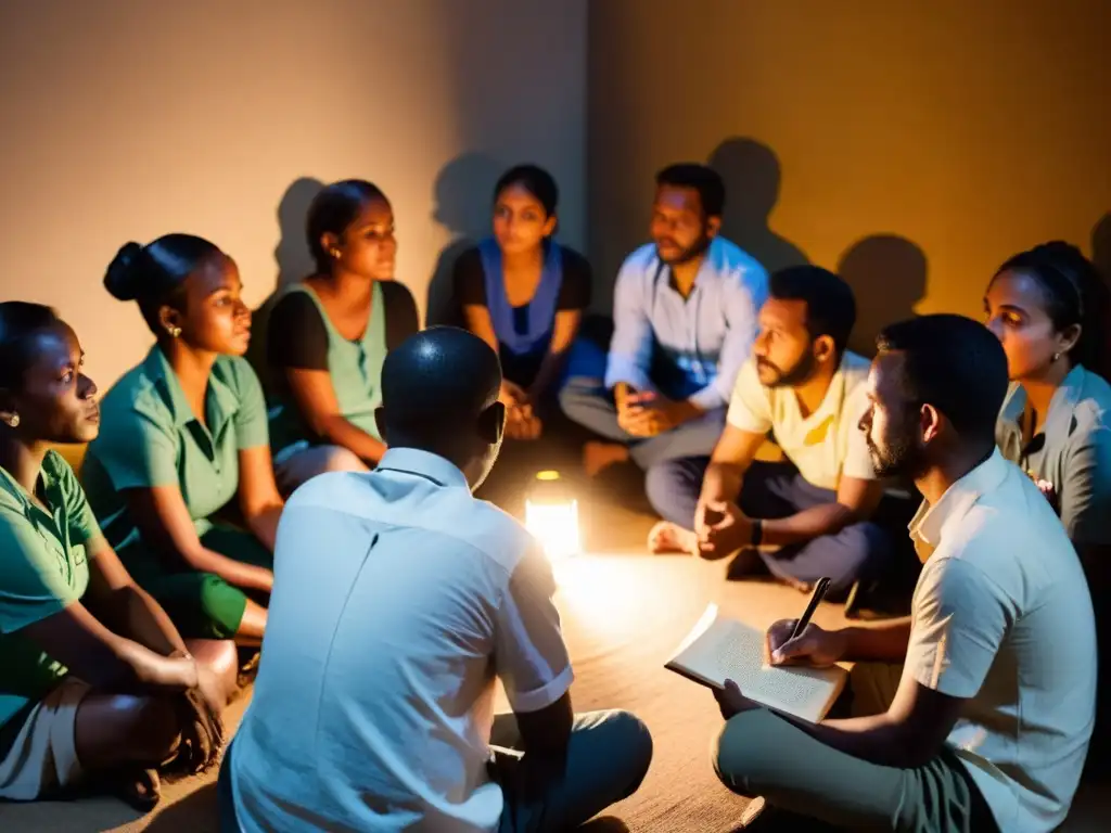 Un grupo de trabajadores de ONGs diversos participa en una sesión de storytelling, escuchando y compartiendo historias en un ambiente cálido e íntimo