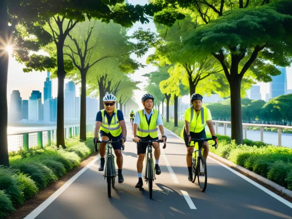 Un grupo de trabajadores de ONG pedaleando en un parque urbano, con la luz del sol filtrándose entre las hojas