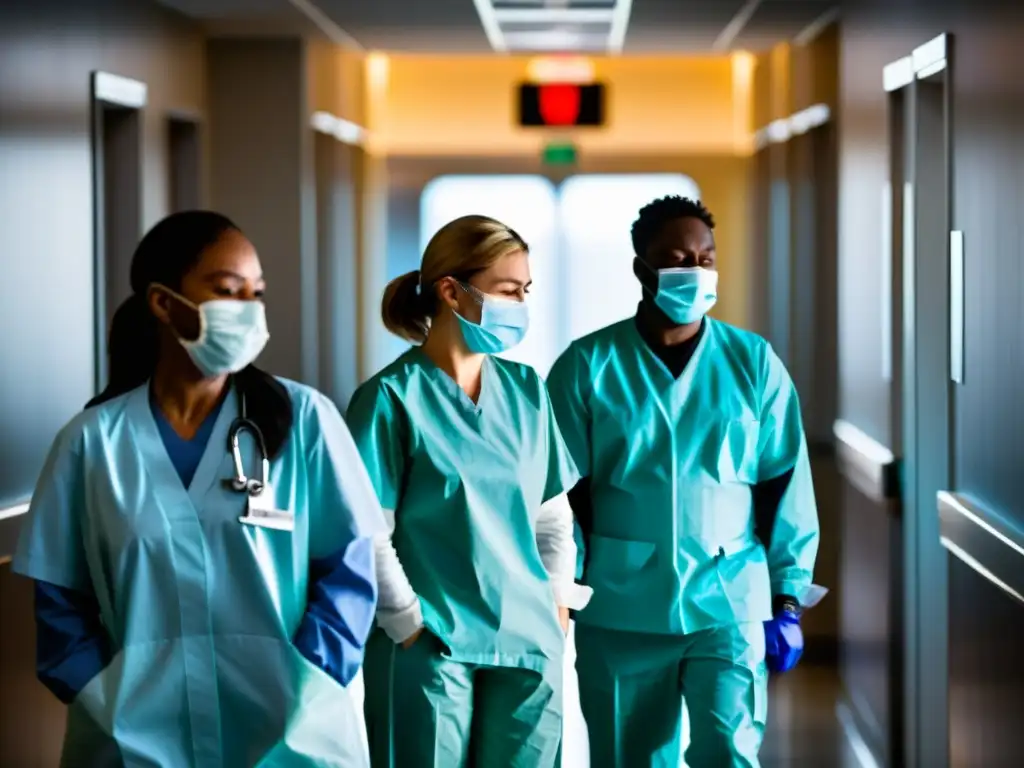 Grupo de trabajadores de primera línea en el hospital, agotados pero determinados, mostrando protección y cuidado en medio de la crisis de salud mental