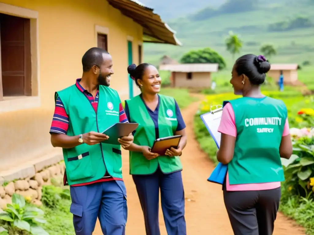 Grupo de trabajadores de salud comunitaria realizando encuestas puerta a puerta en una aldea rural, con chalecos coloridos y logo de la organización de salud, rodeados de exuberante vegetación y flores