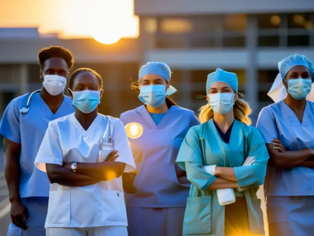 Grupo de trabajadores de la salud en equipo de protección, unidos al atardecer, mostrando determinación y agotamiento, resaltando la importancia de la protección de la salud mental de los trabajadores de primera línea