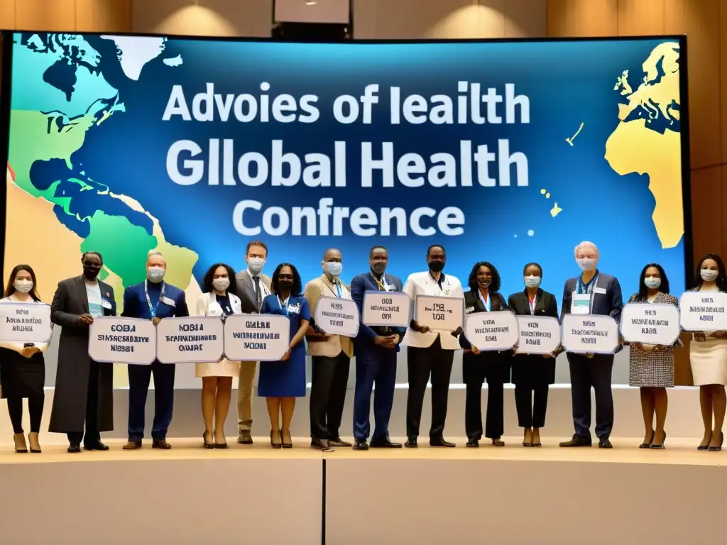 Un grupo de trabajadores de la salud de diversas ONGs se unen en una conferencia global, mostrando determinación y unidad al abogar por soluciones diplomáticas para los desafíos globales de la salud