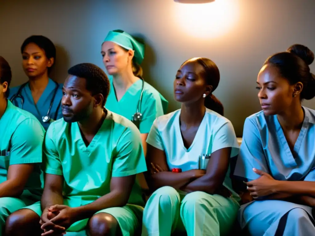 Grupo de trabajadores de la salud de primera línea en sala de descanso, agotados pero determinados, reflejando la protección de su salud mental