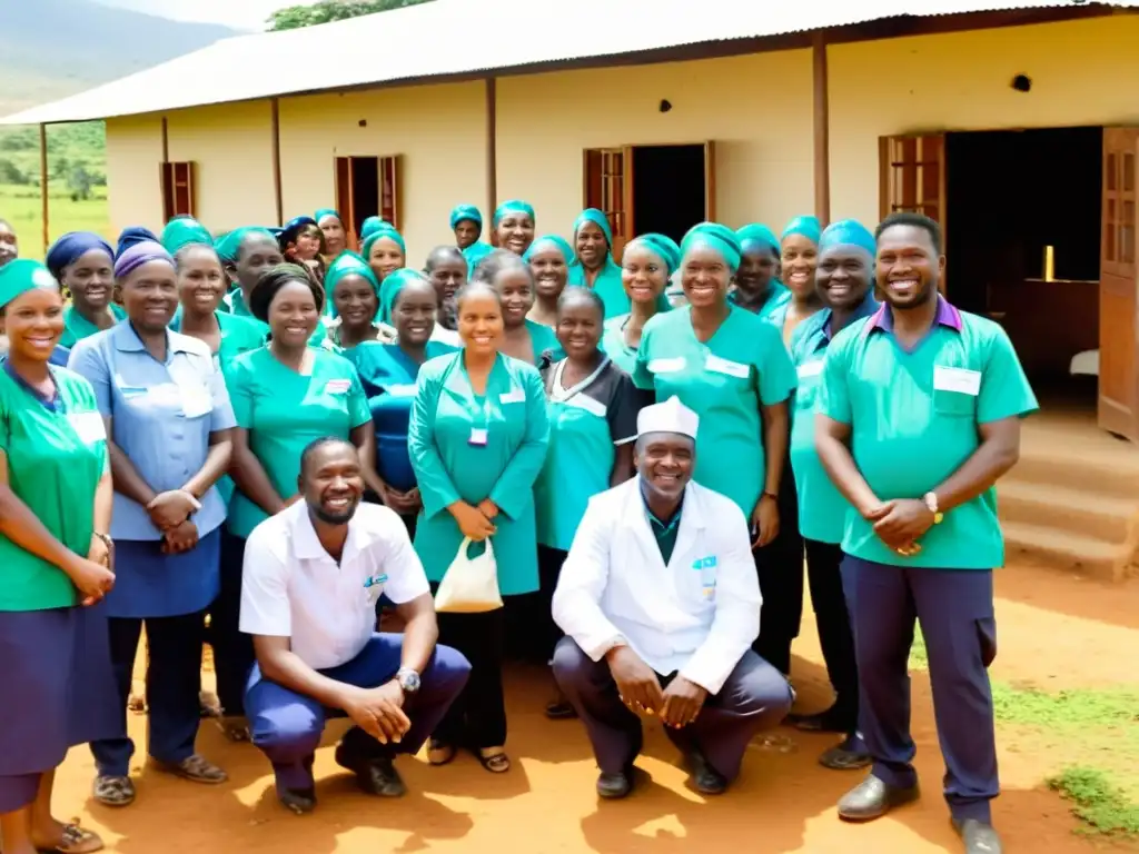 Un grupo de trabajadores de la salud y voluntarios de una ONG distribuyen suministros médicos y brindan educación médica básica en una clínica rural, fomentando la colaboración y la intervención efectiva en proyectos de salud comunitaria