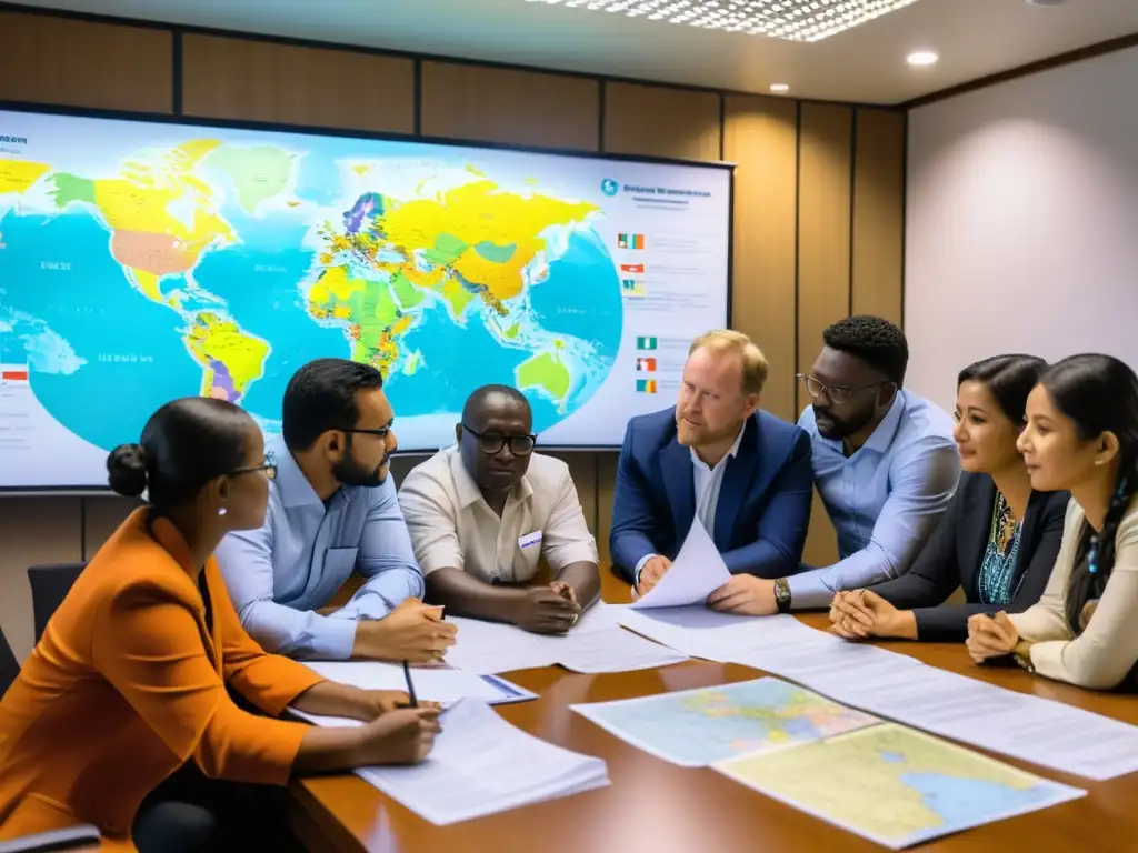 Un grupo de trabajadores y voluntarios de ONG internacionales colaboran y discuten estrategias para la influencia de regulaciones internacionales en sus operaciones, en una sala llena de energía colaborativa