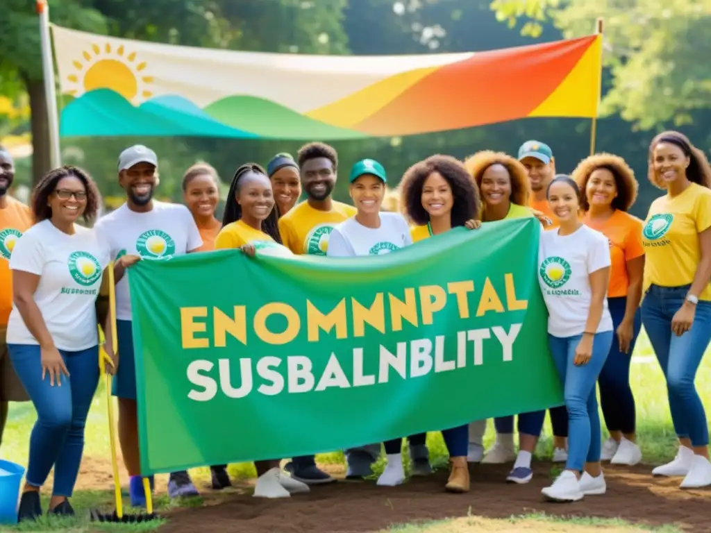 Un grupo unido de voluntarios y miembros de la comunidad limpian un parque local, con carteles promoviendo la sostenibilidad ambiental