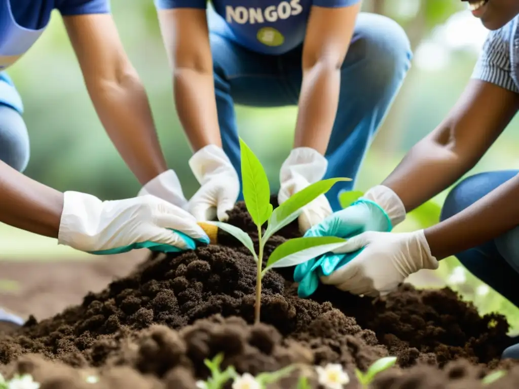 Grupo unido de voluntarios y miembros de la comunidad plantando árboles y flores, mostrando el impacto social de las ONGs