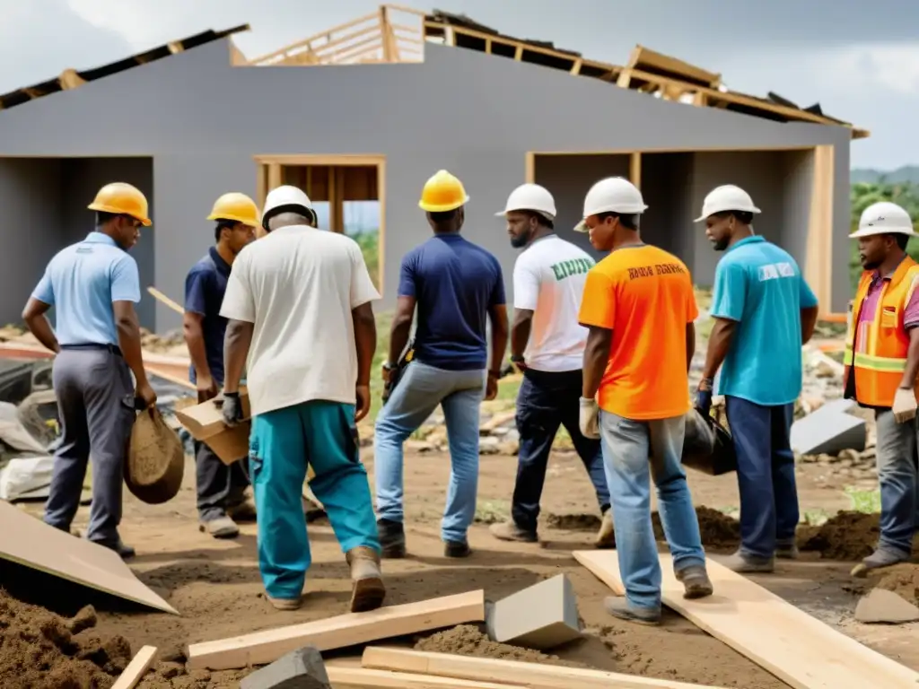 Grupo unido de voluntarios y miembros de ONGs reconstruyendo tras desastre natural, mostrando resiliencia en comunidades ONGs