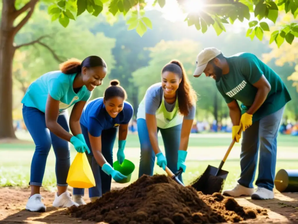 Un grupo unido de voluntarios y miembros de la comunidad limpia un parque local, promoviendo la sostenibilidad y la conservación ambiental