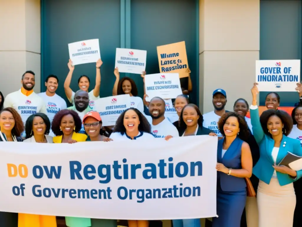 Un grupo unido de voluntarios y trabajadores sociales abogando por el registro de ONGs para impacto social frente a una oficina gubernamental