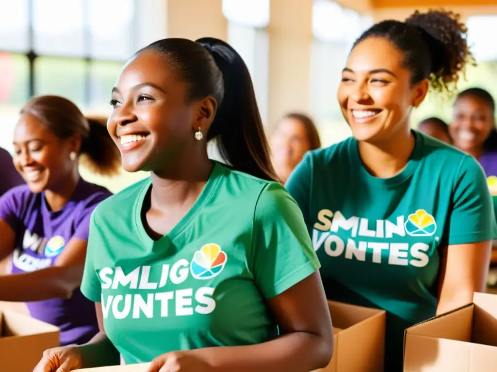 Un grupo variado de voluntarios sonrientes trabajando juntos en un centro comunitario, empaquetando suministros esenciales para familias necesitadas